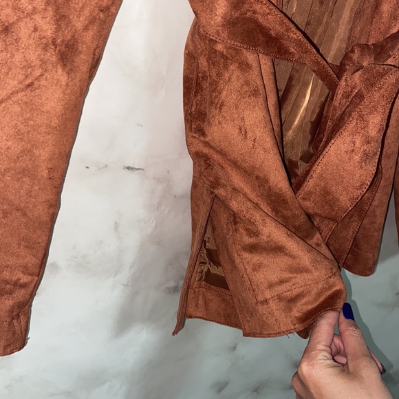 Love Token Faux Suede Leather Open Front Belted Jacket - Picture 6 of 12